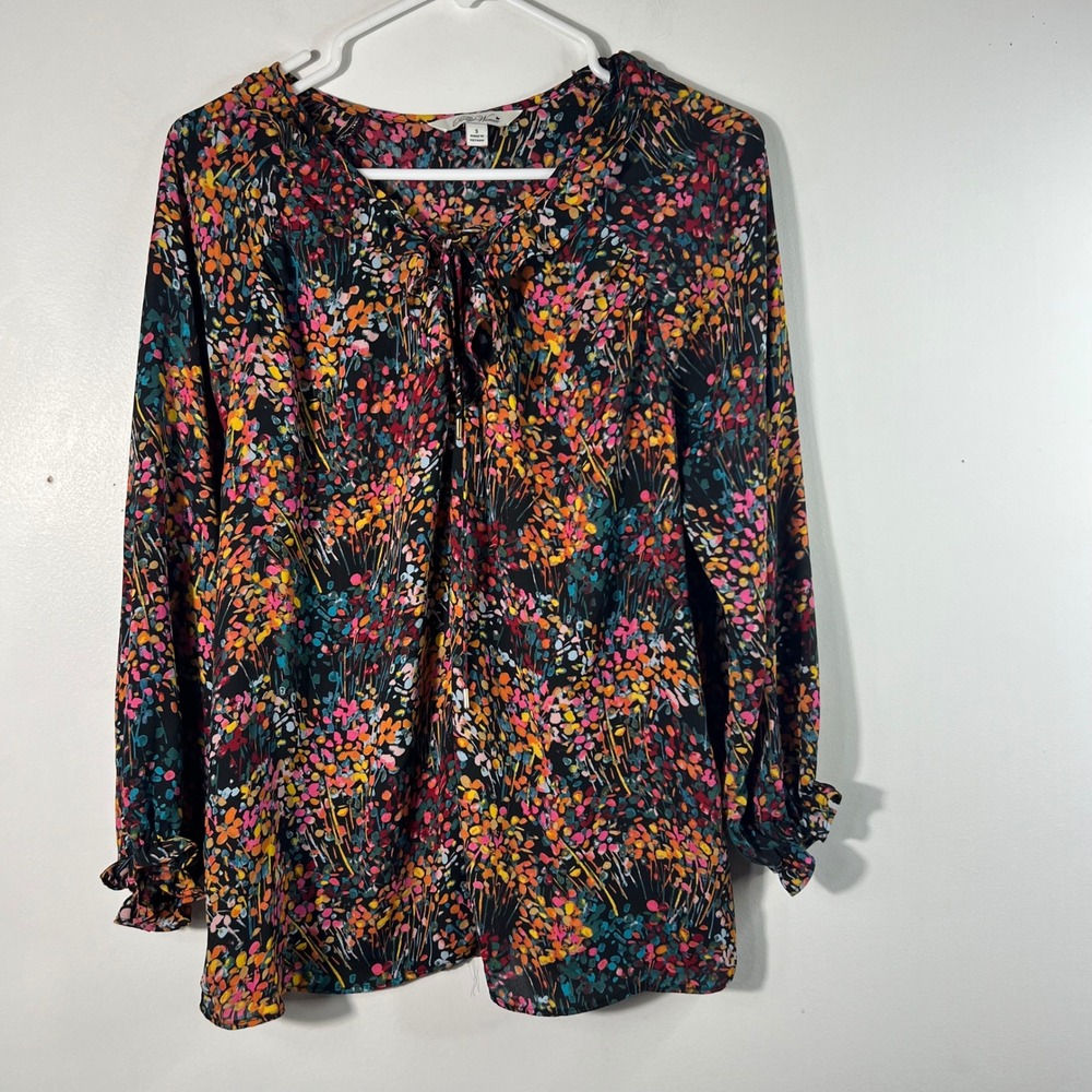 The Pioneer Woman Black Multi Floral Confetti Tie Neck Blouse Small Long Sleeve